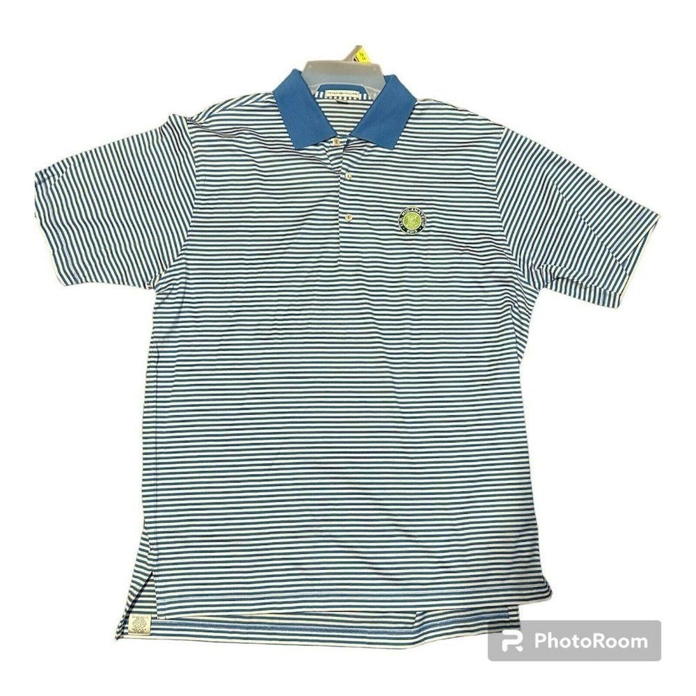 Peter Millar Polo Shirt Mens Large Blue Striped Logo 100% Cotton Golf Shirt